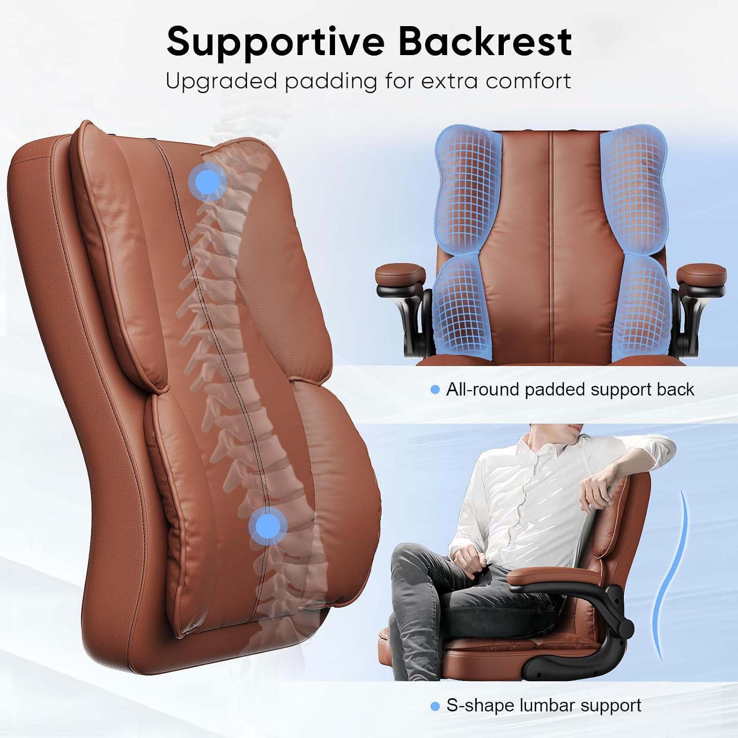 Kensaker Ergonomic Executive Office Chair with Adjustable Headrest & 90° Flip-Up Arms, High Back PU Leather Computer Desk Chair with 135° Rocking & Double Padding for Home Office Comfort, Brown