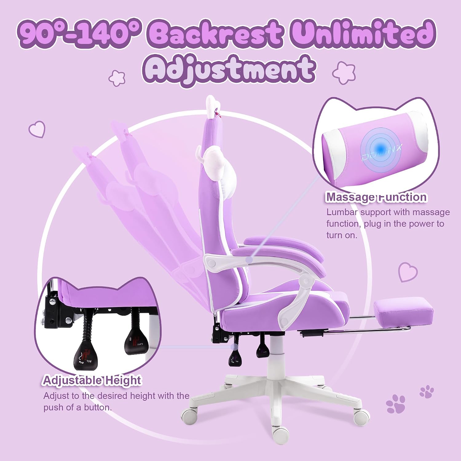 Dowinx Gaming Chair Cute with Cat Ears and Massage Lumbar Support, Ergonomic Computer Chair for Girl with Footrest and Headrest, Comfortable Reclining Game Chair 290lbs for Adult, Teen, Purple