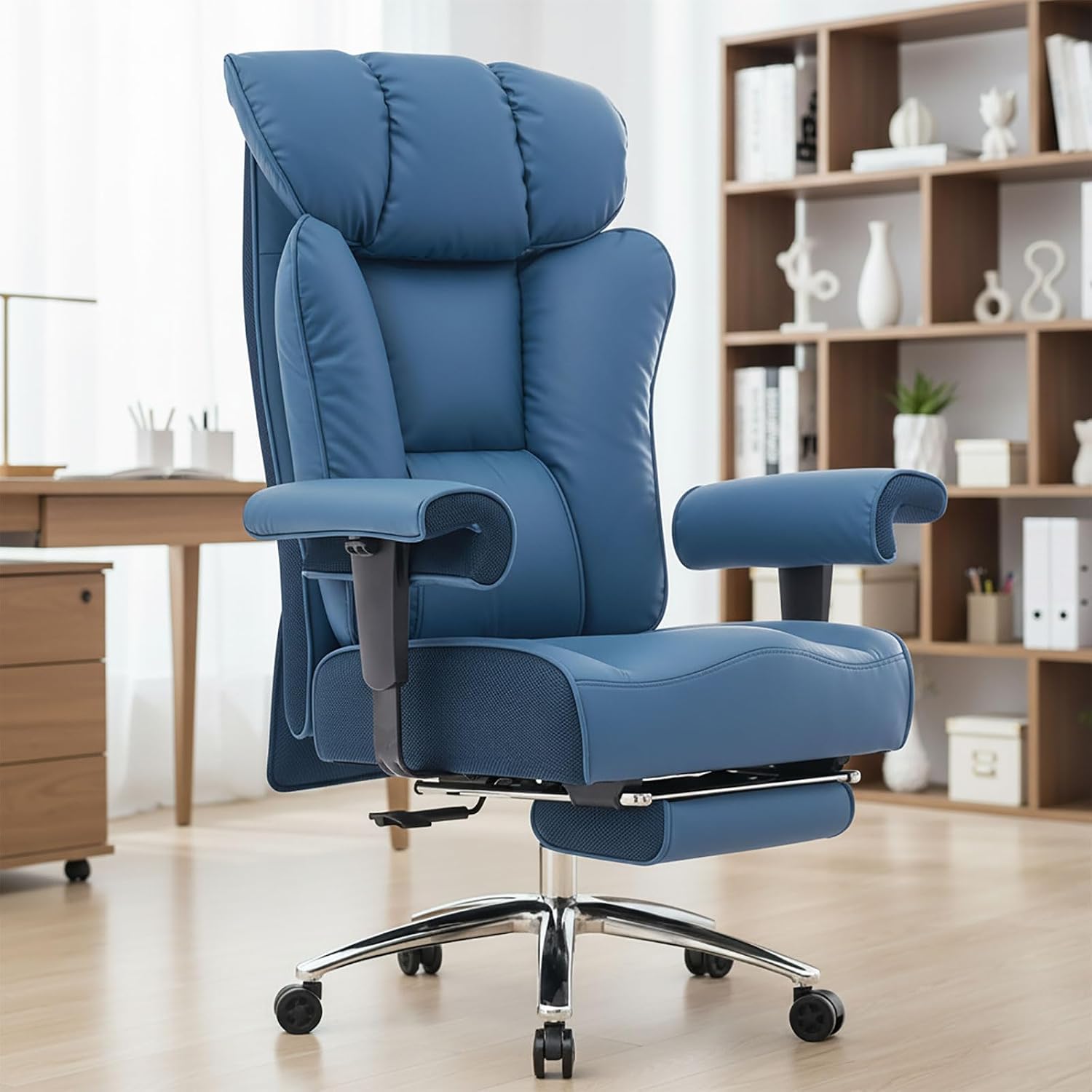 Efomao Big and Tall Office Chair 400lbs - Heavy Duty Executive Desk Chair with Foot Rest & 23' Wide Seat - High Back Ergonomic Leather Computer Chair for Heavy People, Home Office, Blue