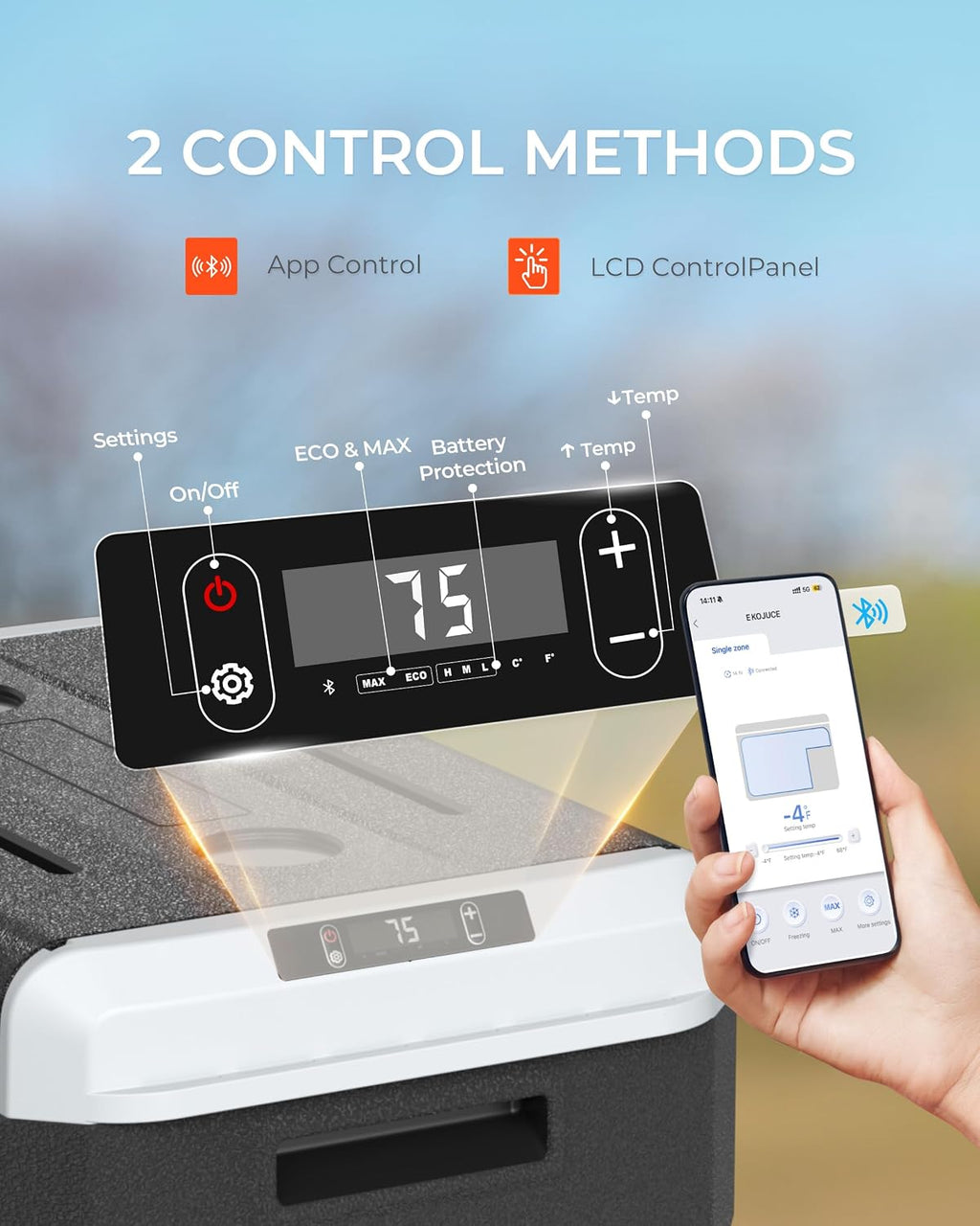 EKOJUCE 12 Volt Refrigerator, 64 Quart Electric Cooler, Car Fridge 12V/24V DC 100~240V AC, Portable Freezer -4℉~68℉, APP Control, Portable 12V Refrigerator Fridge for Truck, RV, Camping,Travel
