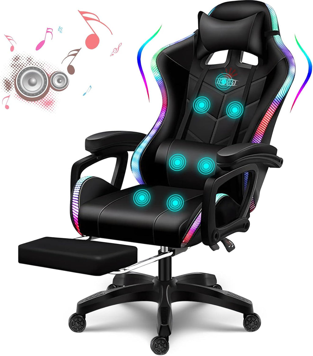 Gaming Chair with Speakers Gamer Chair LED Lights PU Leather Recliner Chair 360°Swivel Function Ergonomic Video Game Chairs with Headrest Armrest Massage Office Chair Computer Chair,Black