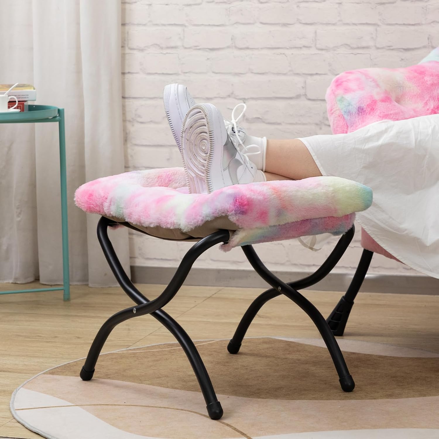 HollyHOME Lazy Chair with Foldable Ottoman, Accent Comfy Lounge Armchair and Folding Footrest Stool, Leisure Sofa Reading Chair and Footstool for Living Room, Bedroom, Dorm,Faux Fur Rainbow