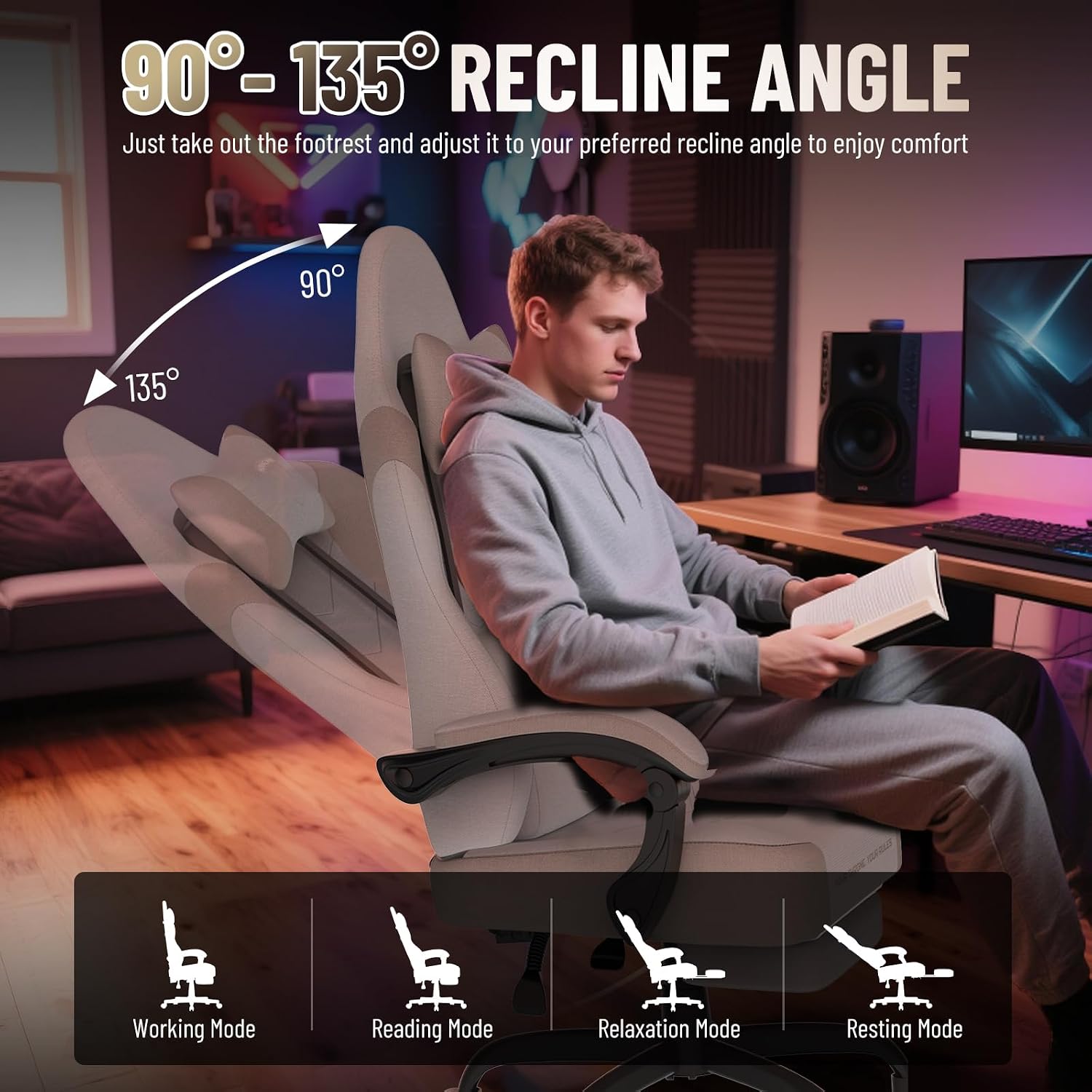 Ferghana Cotton Fabric Gaming Chair with Wider Seat Cushion, Shield-Shaped Embroidery Ergonomic High Back Game Chair with Footrest, Computer Chair with Massage Lumbar Support for Adult, Beige
