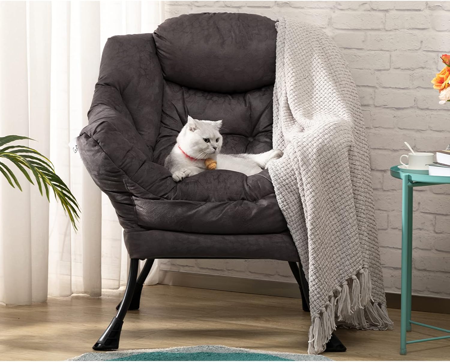 HollyHOME Lazy Chair with Armrest and Side Pocket, Comfy Accent Lounge Chair,Leisure Sofa Armchair for Living Room, Bedroom, Dorm, or Small Spaces, Oversized Reading Sofa Chair,Textured Charcoal Gray