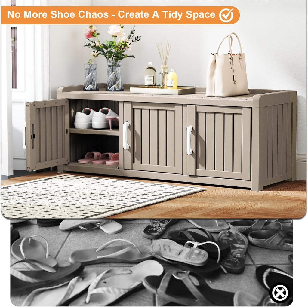 Rovibek Indoor Outdoor Shoe Storage Cabinet for Entryway - Outdoor Shoe Storage Bench Weatherproof with 3 Barn Doors, Waterproof Cabinet for Outside, Porch, Patio, Foyer, Hallway, Grey