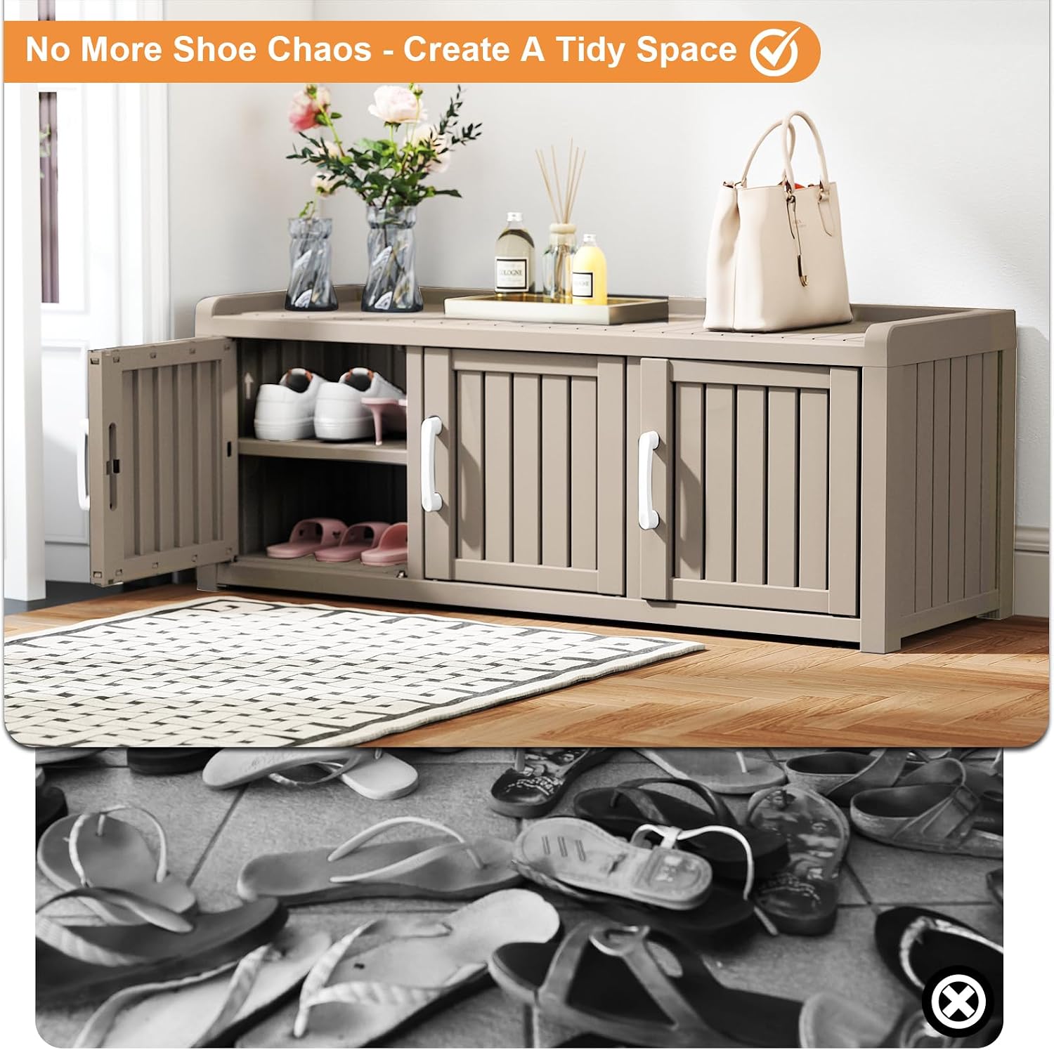 Rovibek Indoor Outdoor Shoe Storage Cabinet for Entryway - Outdoor Shoe Storage Bench Weatherproof with 3 Barn Doors, Waterproof Cabinet for Outside, Porch, Patio, Foyer, Hallway, Grey