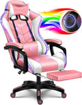 Gaming Chair with LED Lights and Speakers, Music Video Chair for Adults with Massage and Footrest, Ergonomic Chair with Headrest and Lumbar Support, Maximum Load 150KG. (Pink+White)