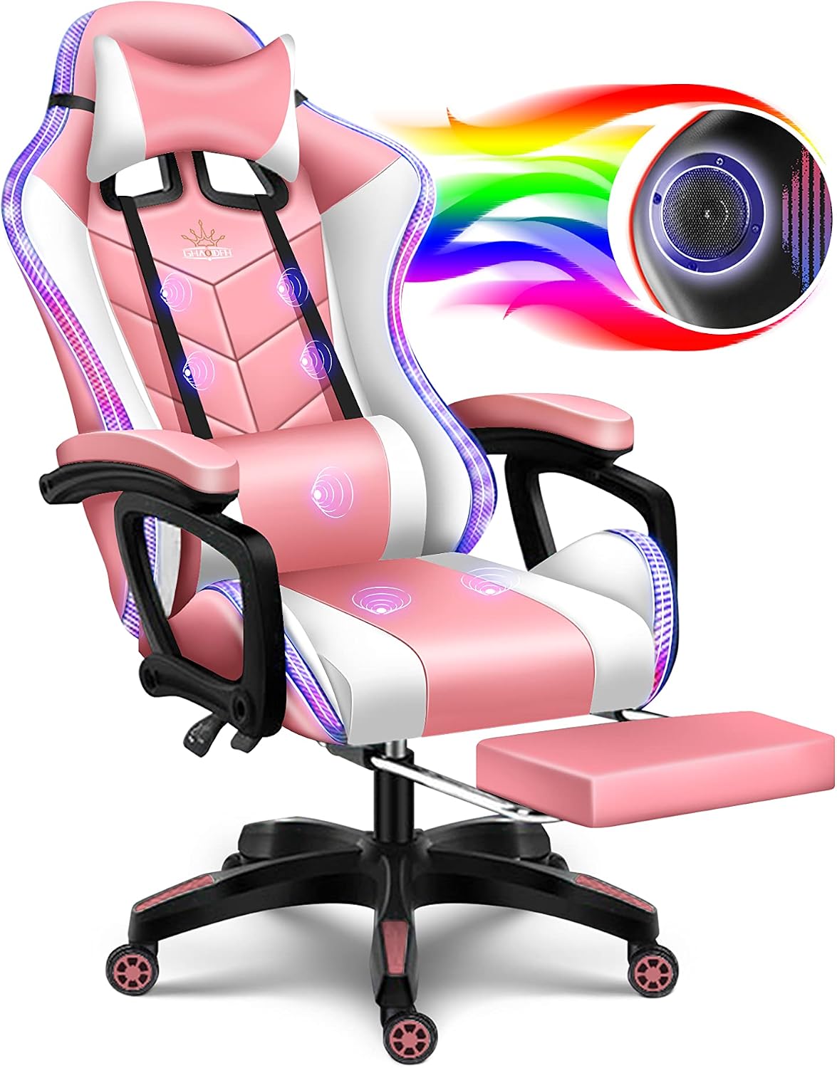 Gaming Chair with LED Lights and Speakers, Music Video Chair for Adults with Massage and Footrest, Ergonomic Chair with Headrest and Lumbar Support, Maximum Load 150KG. (Pink+White)