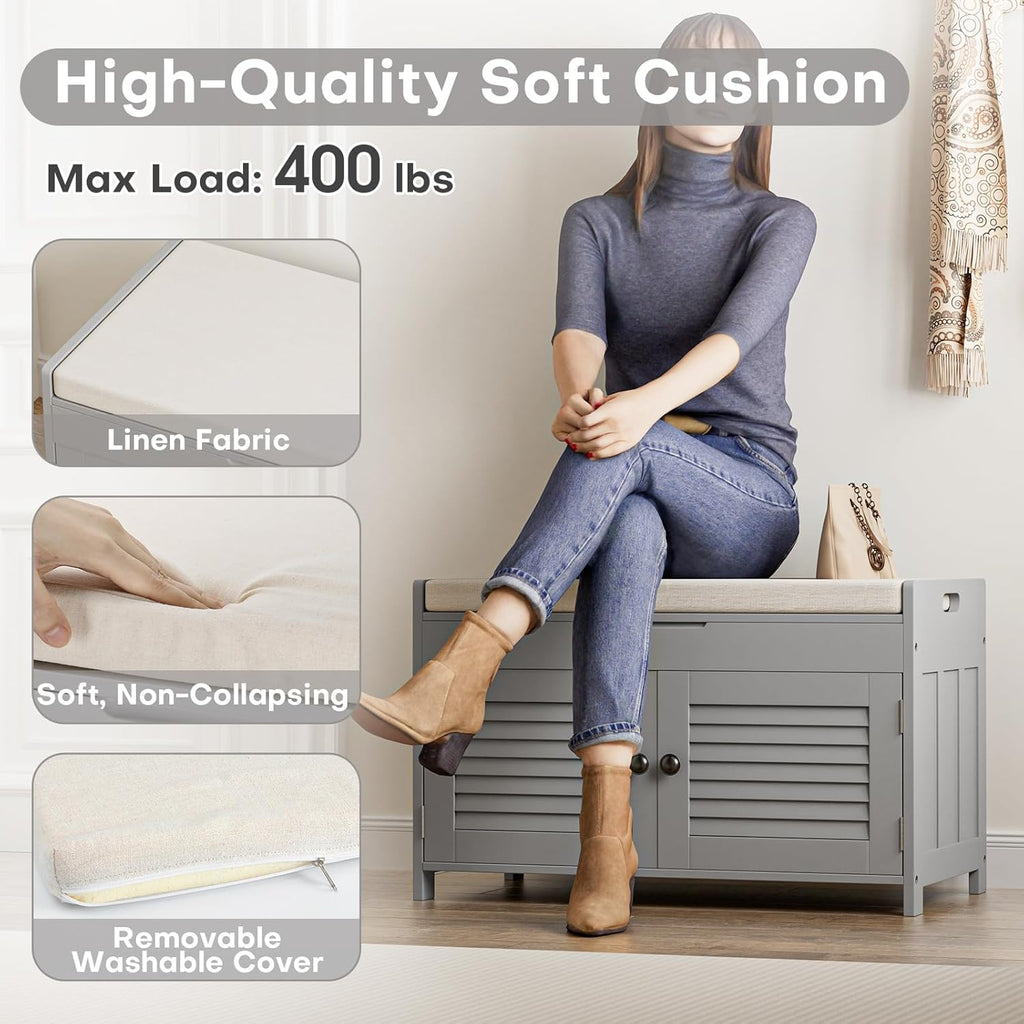 WARMHONIU Shoe Storage Bench with Lift Top Storage, Entryway Bench with Cushioned Seat, Adjustable Shelf, 2 Tier Shoe Rack with Doors for Entryway, Bedroom, Hallway, Mudroom, Grey
