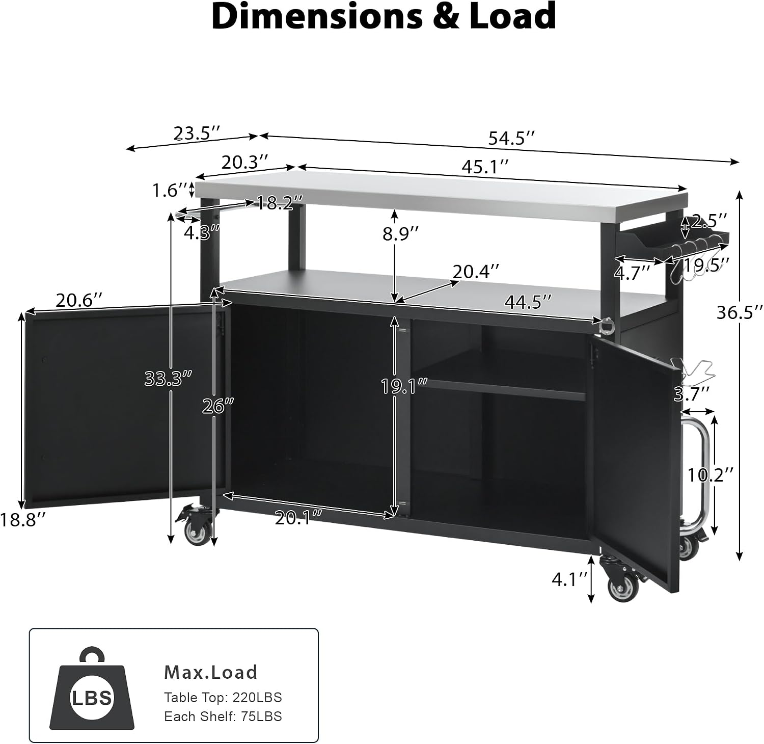 54.5' Outdoor Grill Cart with Storage Cabinet, Metal Grill Cart Table with Movable Universal Wheels and Stainless Steel Top, for Patio, Kitchen Prep, Grilling Accessories, Black