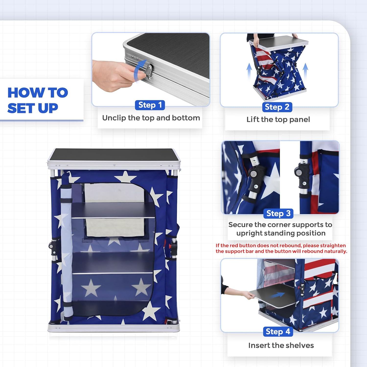 EAGLE PEAK Outdoor Folding Camping Table with Large 3-Tier Storage Organizer and Side Pockets, Easy Set Up Portable Aluminum Camping Kitchen, American Flag