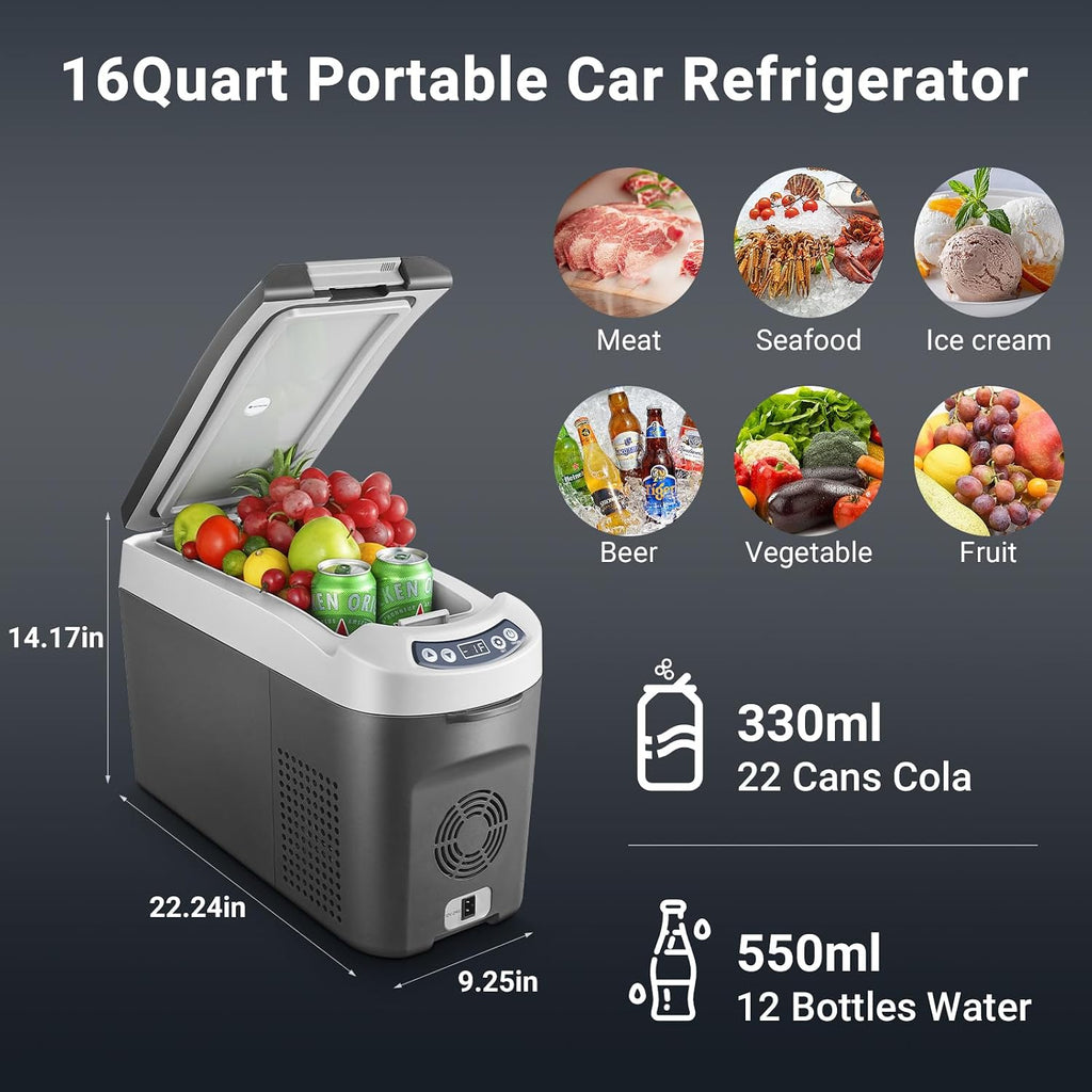 BODEGACOOLER 12-Volt Car Refrigerator, 16-Quart(15L) Small Car Fridge, Portable Freezer (-4℉ to 68℉), Car Cooler with 12/24V DC for Outdoor, Vehicles, Camping, Travel