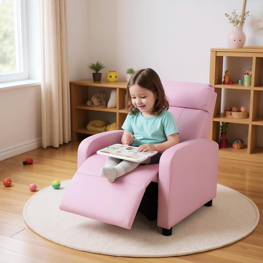 Costzon Kids Recliner, Adjustable PU Leather Lounge Chair w/Side Pockets, Footrest, Headrest for Kids Room&Play Room, Easy to Clean, Padded Pink Recliner Sofa for Children Boys Girls Aged 3-12 (Pink)