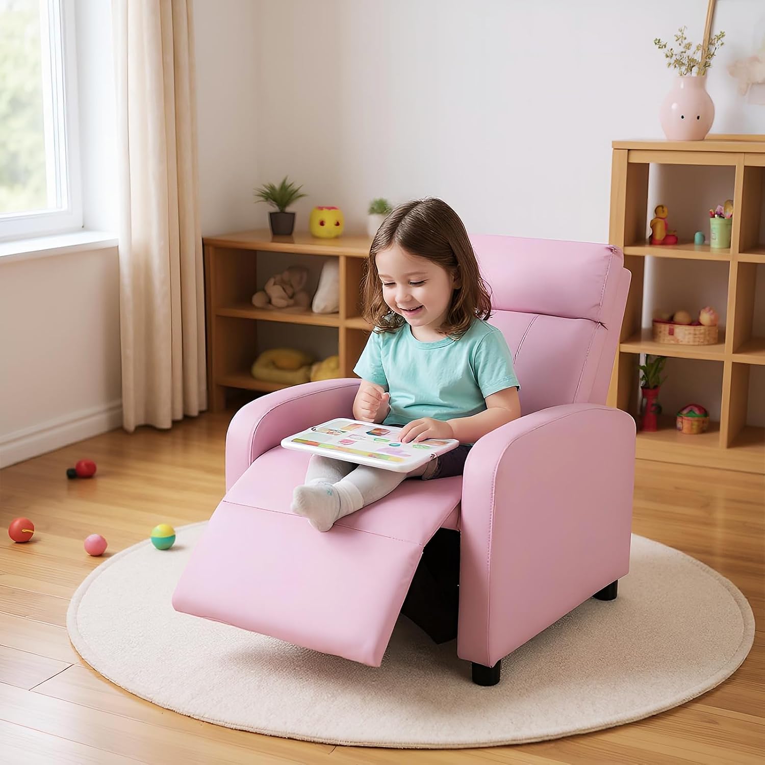Costzon Kids Recliner, Adjustable PU Leather Lounge Chair w/Side Pockets, Footrest, Headrest for Kids Room&Play Room, Easy to Clean, Padded Pink Recliner Sofa for Children Boys Girls Aged 3-12 (Pink)