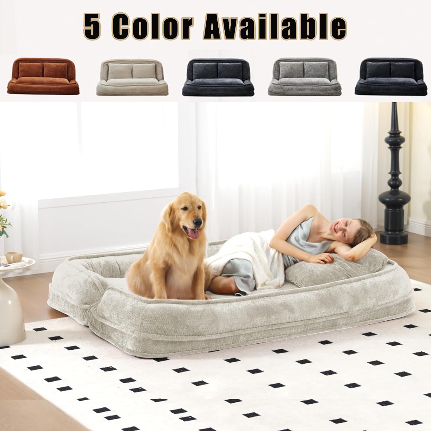 71'' Human Dog Bed, Upholstered Lounge Loveseat Chair, Floor Chair with Back Support, 5 Adjustable Position Folding Sofa Bed for Adults & Pets, Lazy Sofa Bed for Living Room, Game Room, Beige