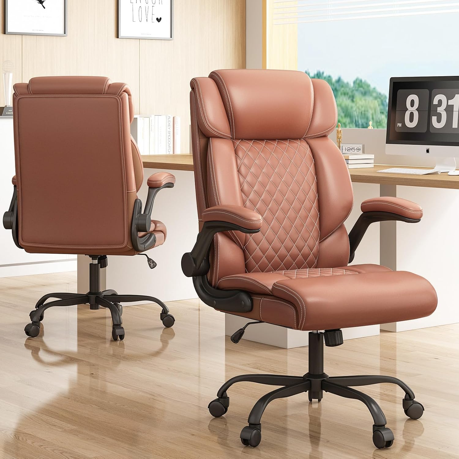 Office Chair-Executive High Back Breathable Big and Tall Office Chair Flip-up Armrests Lumbar Support-Ergonomic Leather Rolling Swivel Chair with Rock Function for Working Studying Gaming,Brown