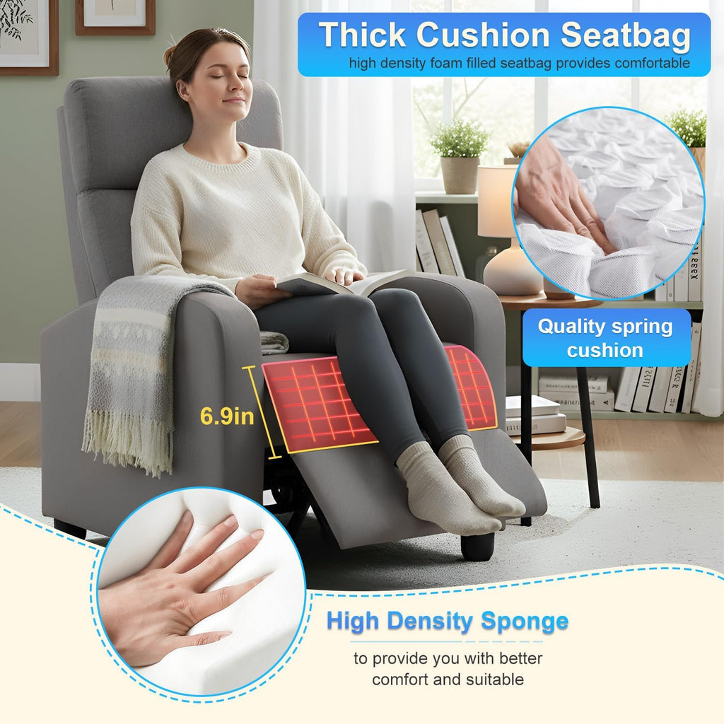 BestMassage | Recliner Chair | No Massage Function | Textile Grey | with Lumbar Support, Adjustable Push Back, Wide Armrests, Footrest & Padded Seat | Easy Assembly | for Living Room, Home Theatre