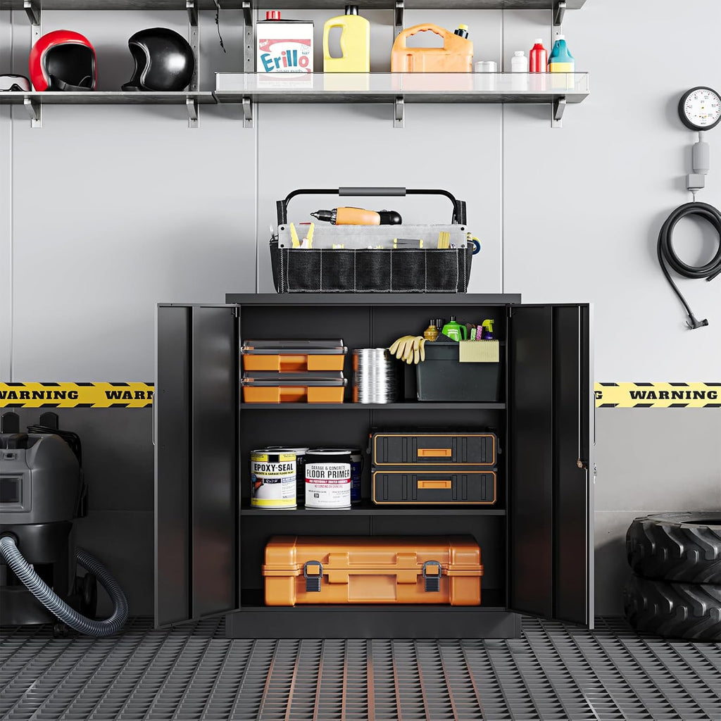 Yizosh Metal Garage Storage Cabinet with 2 Doors and 2 Adjustable Shelves - 35.5' Steel Lockable File Counter Cabinet for Home Office,Garage,Gym,School（Black）