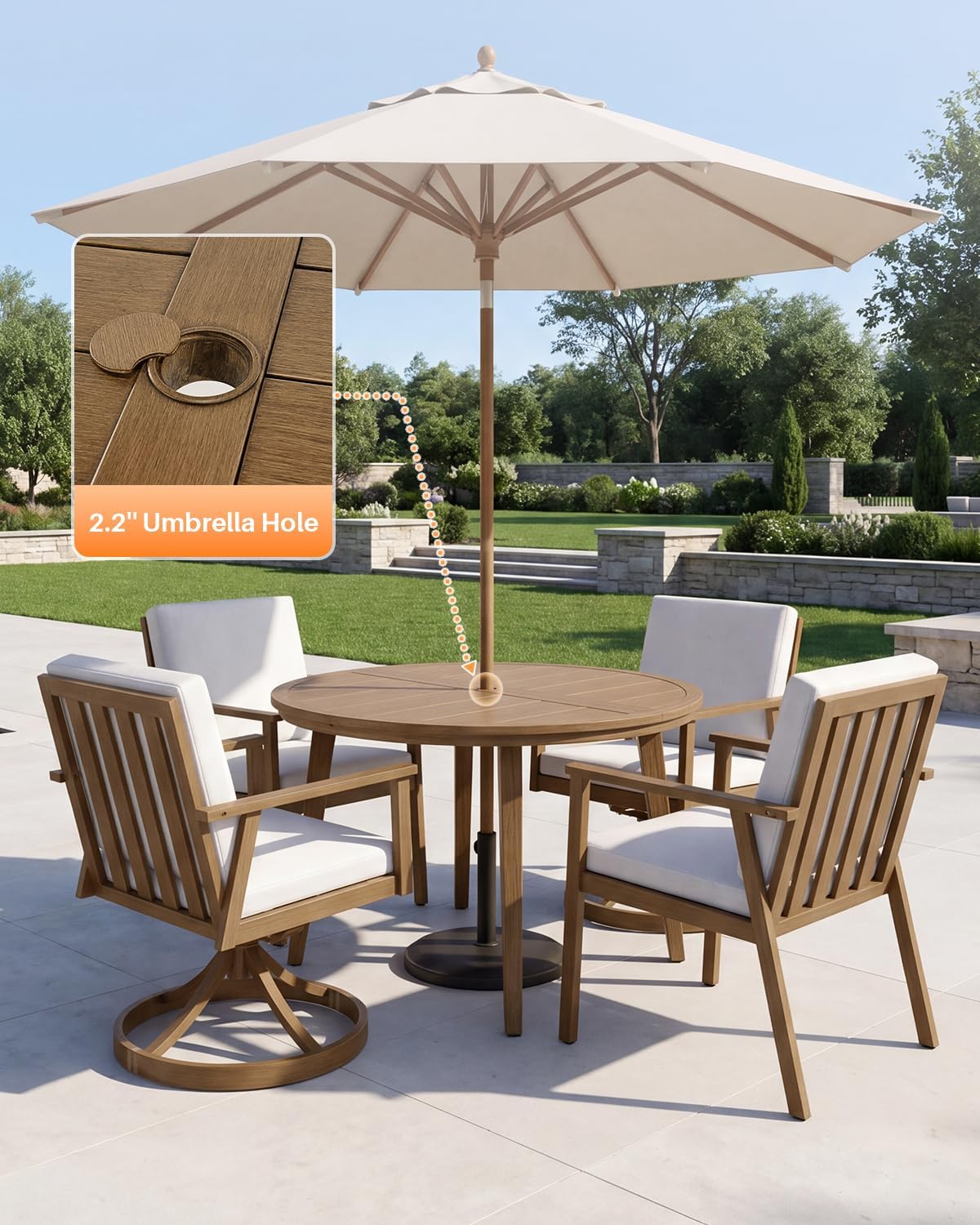 5-Piece Round Outdoor Dining Set, Never-Rust Aluminum Outdoor Table and Chairs Set, 41' Round Dining Table with 2 Swivel Dining Chairs, Modern Patio Dining Set for Garden, Deck, Yard, Teak