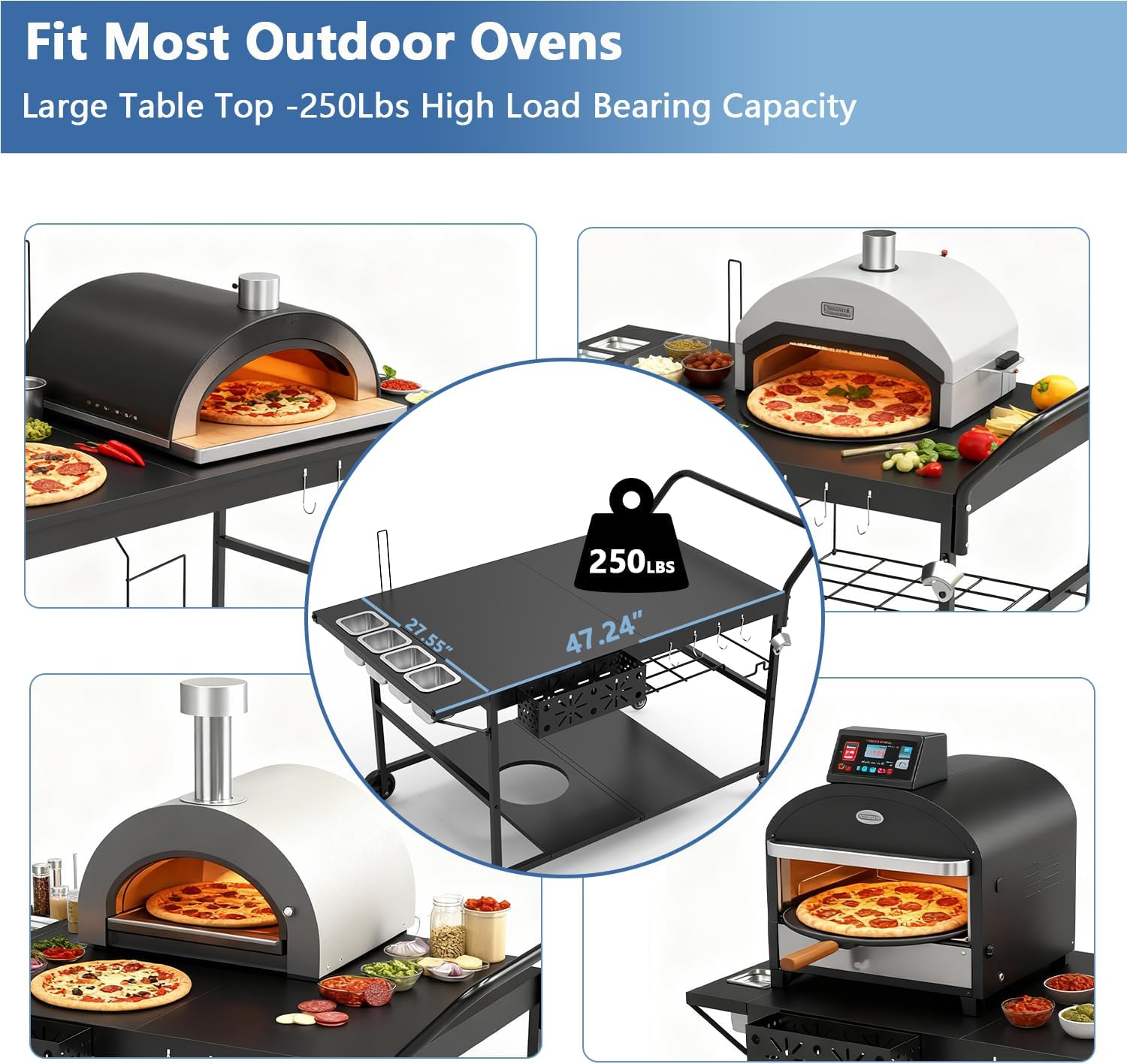 47' Outdoor Pizza Oven Table with Wheels, Pizza Oven Cart for Outside with Propane Tank Holder, Heavy Duty Pizza Oven Stand Prep Table for BBQ Patio Backyard Cooking