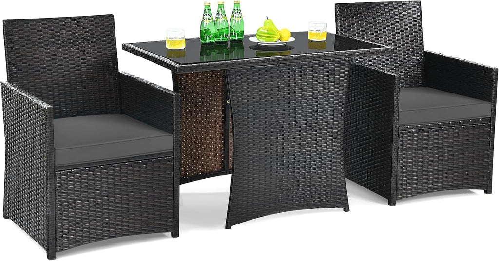 DORTALA Wicker Patio Bistro Set 3 Piece, Outdoor Table and Chairs with Tempered Glass Tabletop, Cushions, Small Rattan Furniture Conversation Sofa Set for Balcony, Porch, Backyard, Deck, Grey