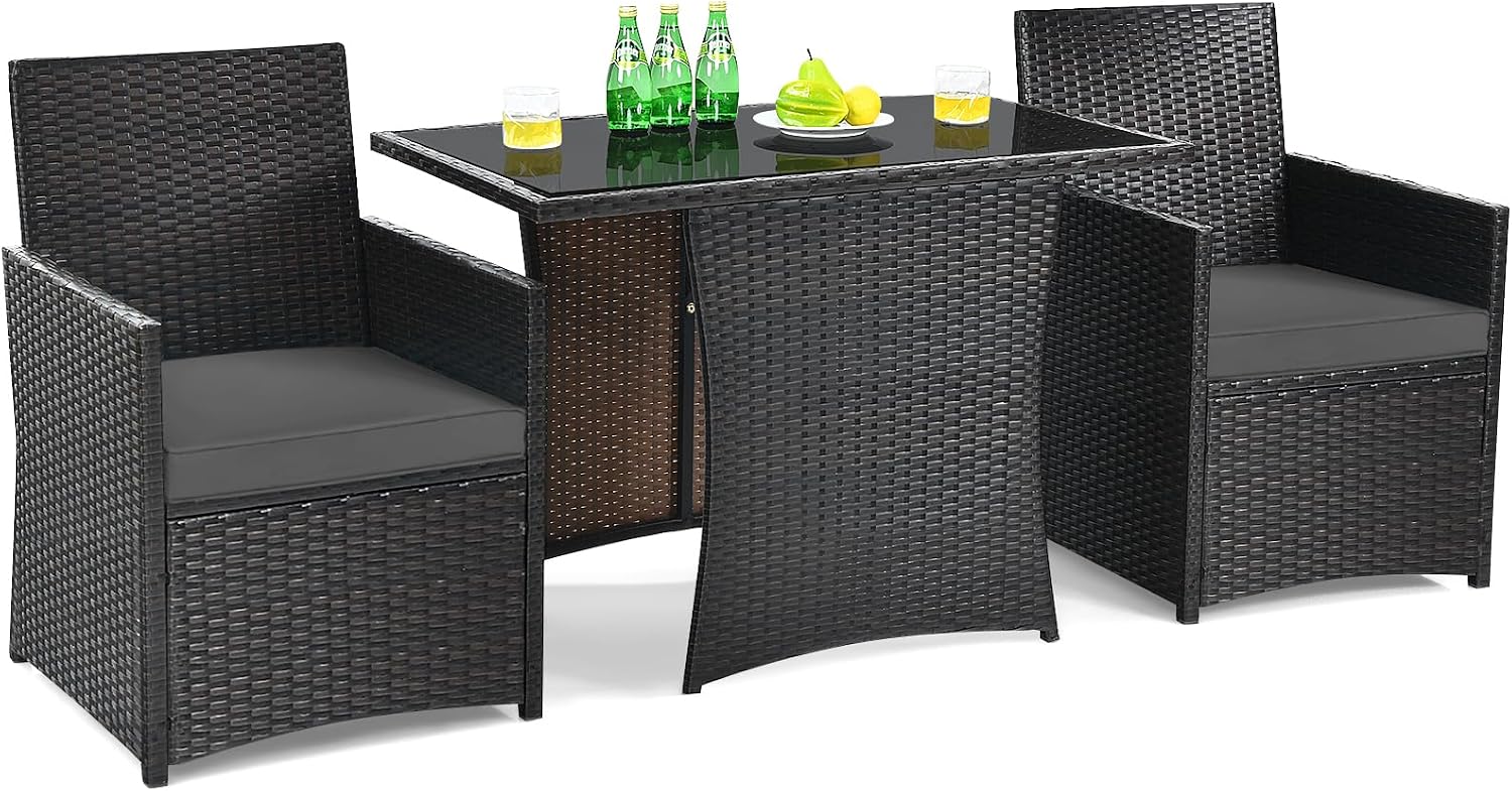 DORTALA Wicker Patio Bistro Set 3 Piece, Outdoor Table and Chairs with Tempered Glass Tabletop, Cushions, Small Rattan Furniture Conversation Sofa Set for Balcony, Porch, Backyard, Deck, Grey