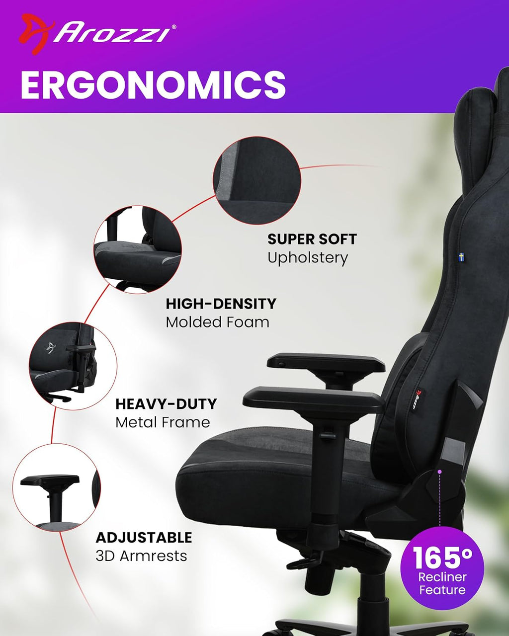 Arozzi Vernazza Supersoft Upholstery Material has a Unique Velvety Texture that is Fluid-Repellant and Breathable with Memory Foam Lumbar Support and 4D Armrest for Office and Gaming Chair - Black