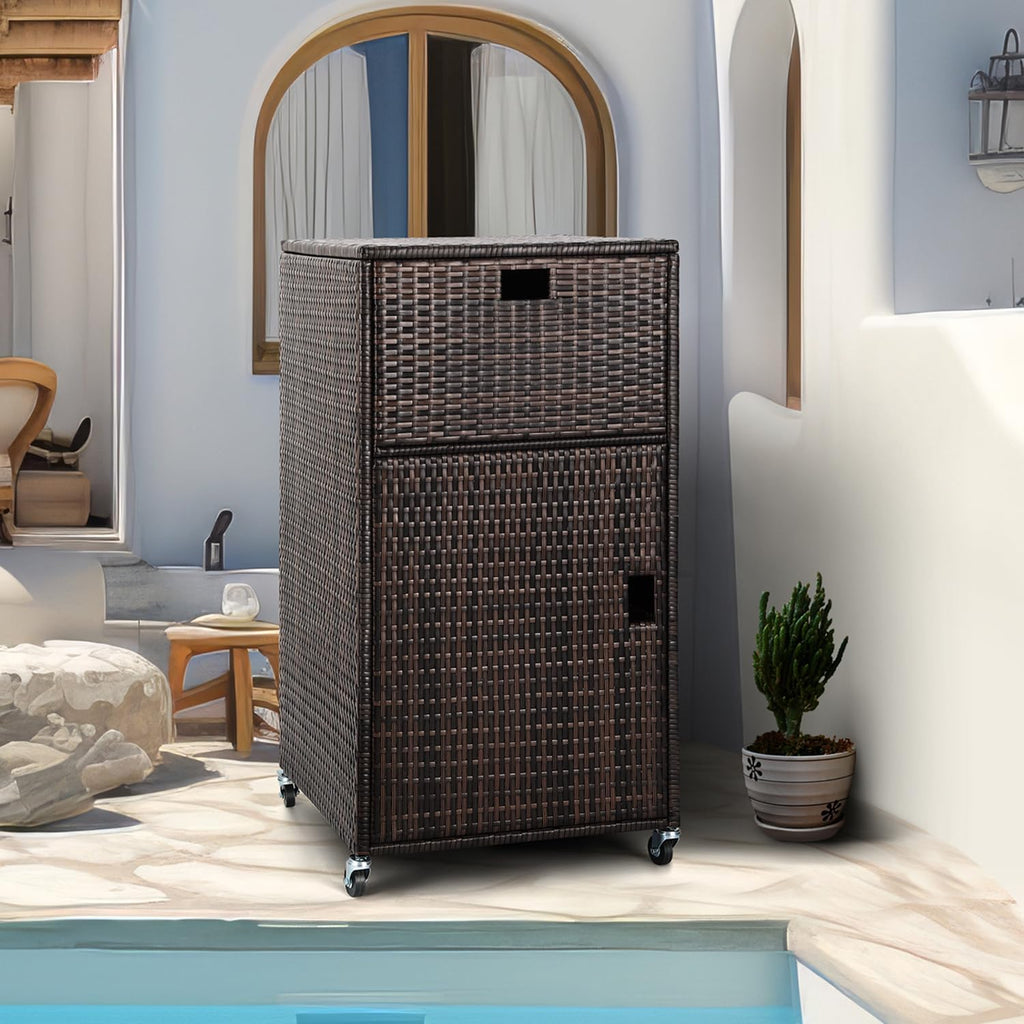 Outdoor Towel Rack for Pool Outdoor Pool Towel Storage Cabinet with Shelf & Drawer Pool Towel Holder with Rolling Wheels Hot Tub Towel Rack W/Waterproof Cover Poolside Towel Valet Caddy for Spa Brown