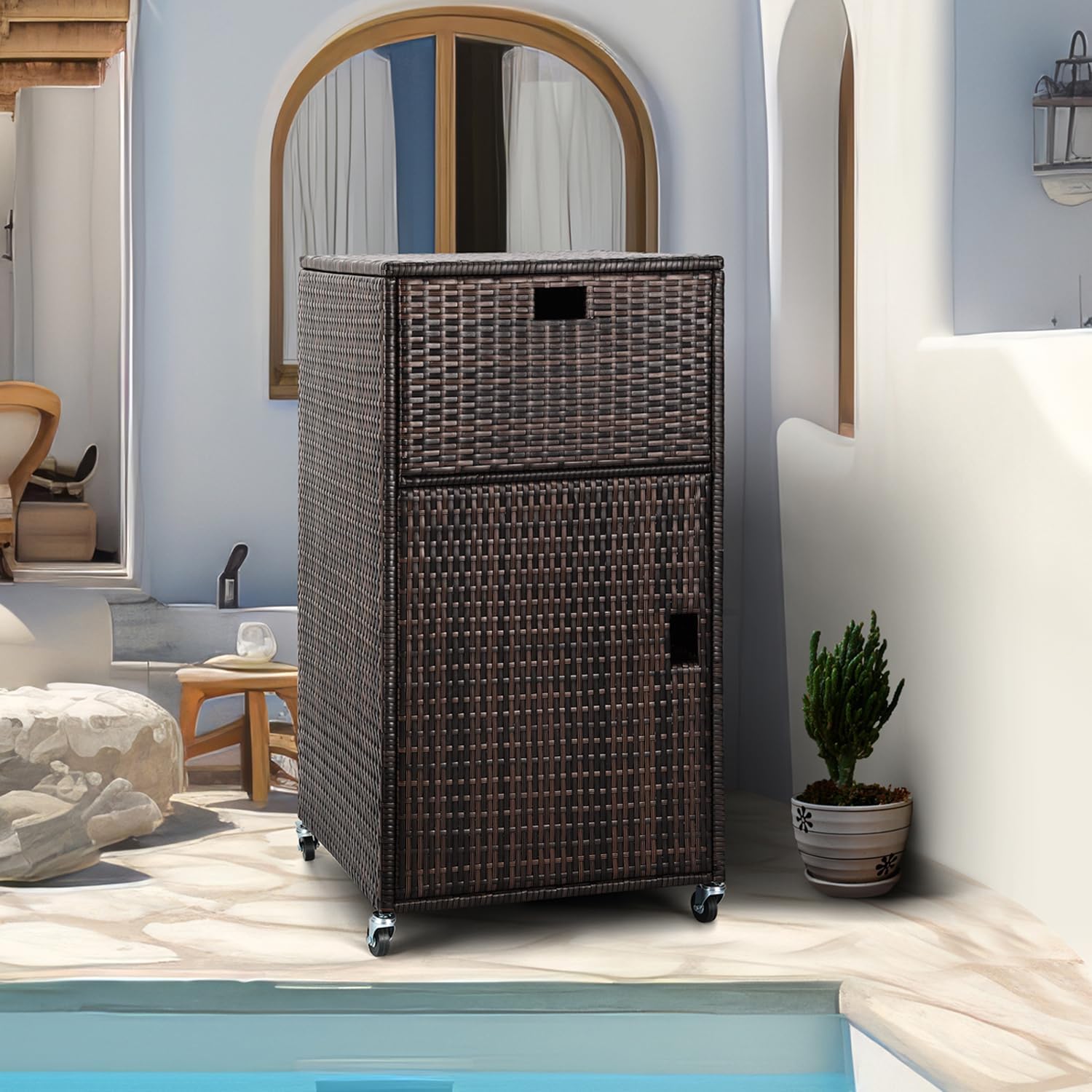 Outdoor Towel Rack for Pool Outdoor Pool Towel Storage Cabinet with Shelf & Drawer Pool Towel Holder with Rolling Wheels Hot Tub Towel Rack W/Waterproof Cover Poolside Towel Valet Caddy for Spa Brown