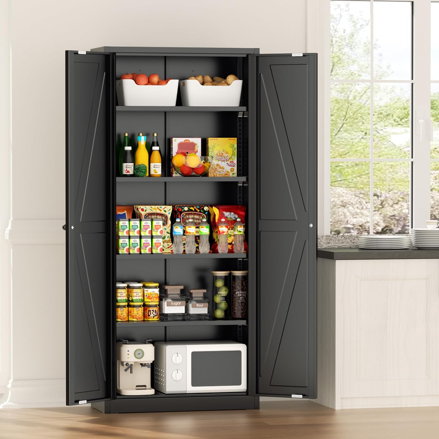 Greenvelly 63' H Black Farmhouse Metal Pantry Cabinet, Kitchen Pantry Storage Cabinets with 2 Doors and Adjustable Shelves, Kitchen Pantry Cabinets for Home, Garage and Bedroom