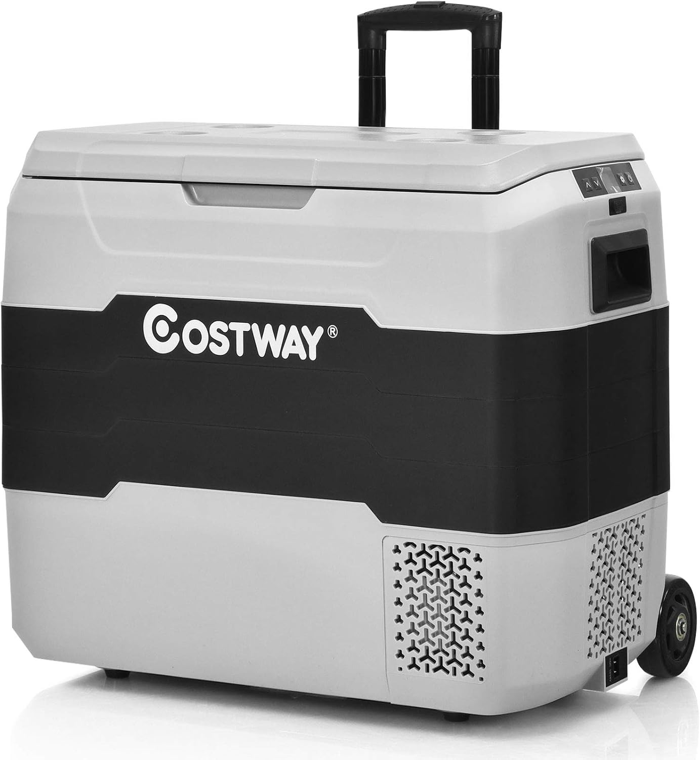 COSTWAY Car Refrigerator with Wheels, 42-Quart Dual-zone Electric Cooler with Telescopic Handle, 12V/24V DC, 100-240V AC, -4°F To 50°F, Portable Fridge Freezer for RV Camping Travel, Grey+Black