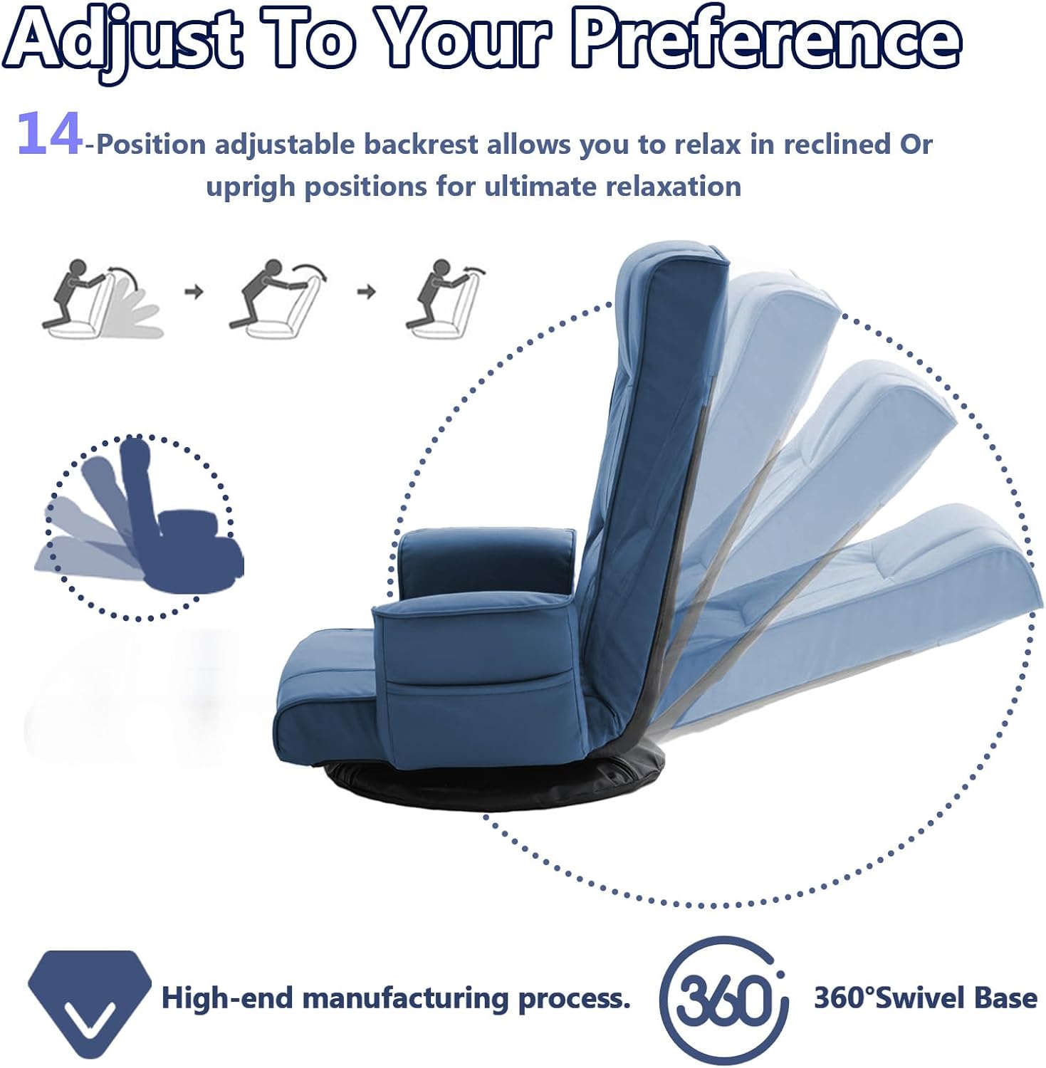360 Degree Swivel Floor Chairs for Adults, Faux Leather Gaming Floor Chair with Back Support, 14 Angles Adjustable Comfortable Floor Lounge Chair Folding Video Game Chairs Office Bedroom