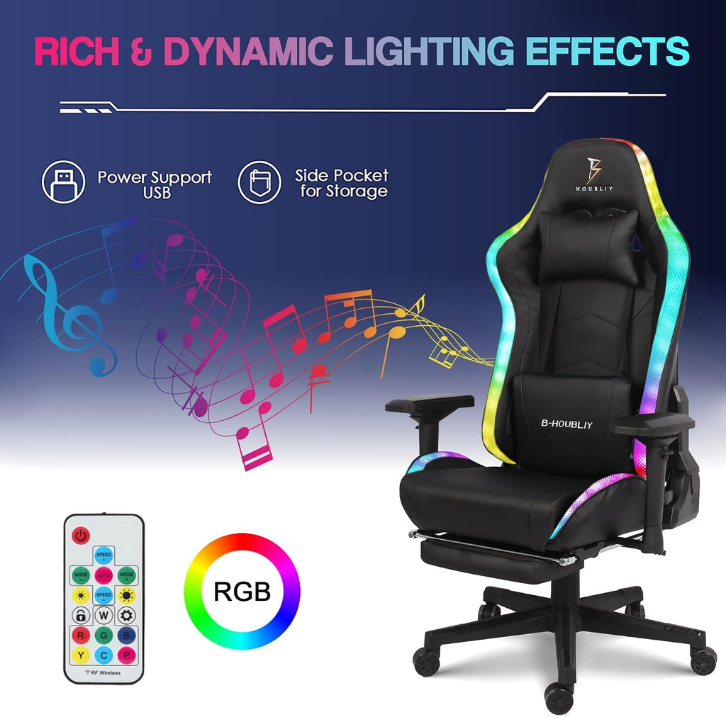 Gaming Chair with Bluetooth Speakers RGB Video Game Chairs with Full Massage PU Leather Ergonomic Pro Desk Chairs PC Racing Style Silla Gamer for Adults Teens,Black