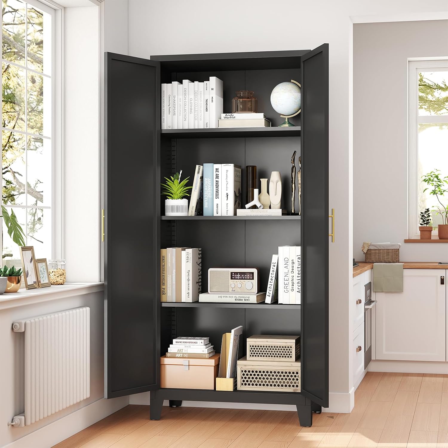 Zevemomo 61' H Metal Kitchen Pantry Cabinet, Freestanding Cupboard with 2 Doors and 3 Adjustable Shelves, Tall Metal Storage Cabinet for Kitchen, Bathroom, Dinning Room or Laundry Room （Black）