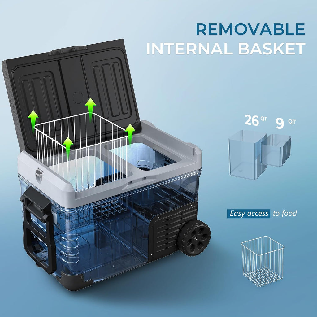 EUHOMY 12 Volt Refrigerator, 35QT(33L) Dual Zone Electric Cooler, Portable Freezer 12V/24V DC 110-240V AC, 12V Fridge -4℉~68℉, 12V Cooler with Wheels & Basket for Travel, Truck, Camping, Boat