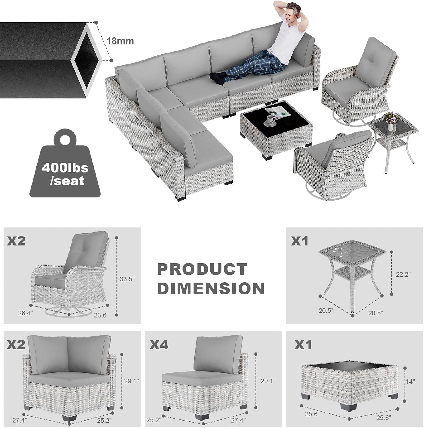 10-Piece Patio Furniture Set, Outdoor Patio Furniture with Swivel Chairs Set, Thick Cushions, Modular Patio Sofa, Dual-Strand Wicker Rattan, Rust-Resistant Frame, Grey