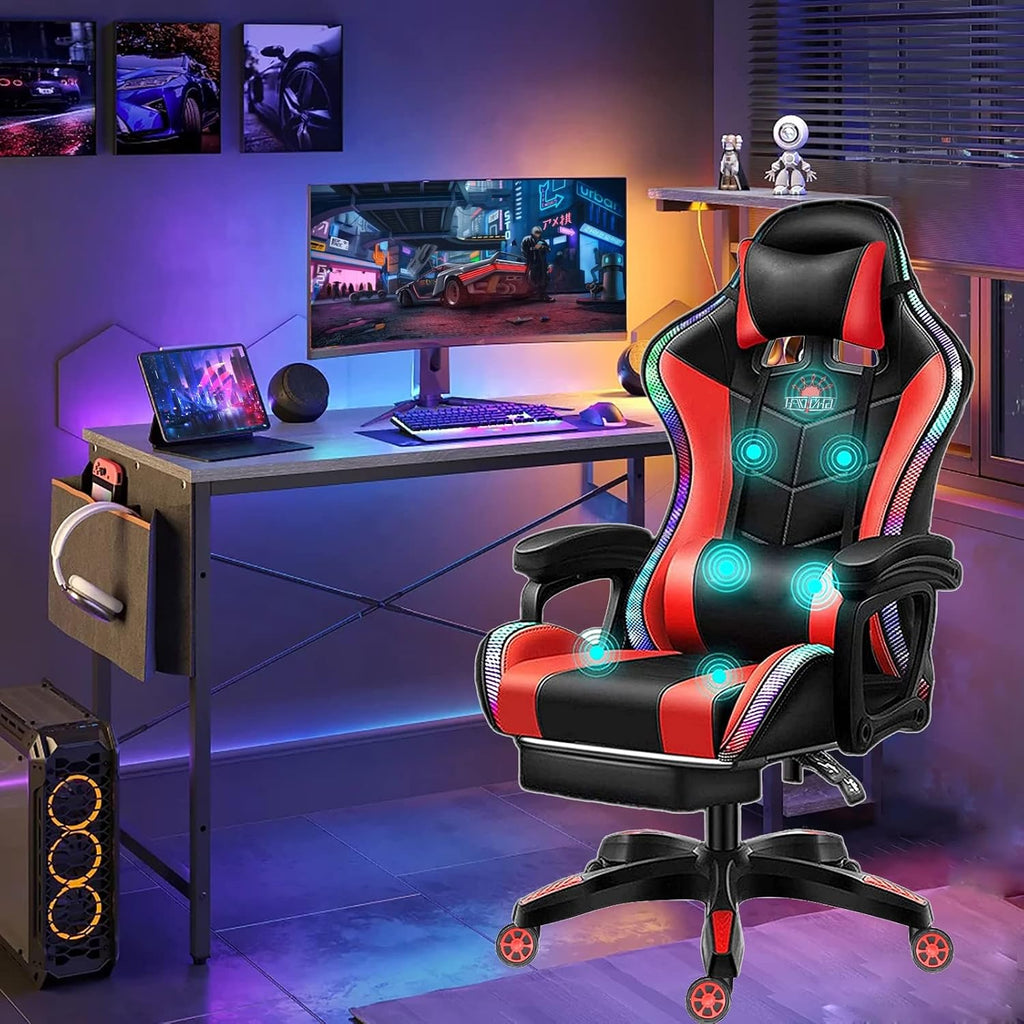 LED Gaming Chair with Speakers, Massage Computer Chair Ergonomic Racing Office Chair PU Leather Recliner Swivel Gamer Chair with Lumbar Support Headrest Armrest and Footrest,Red