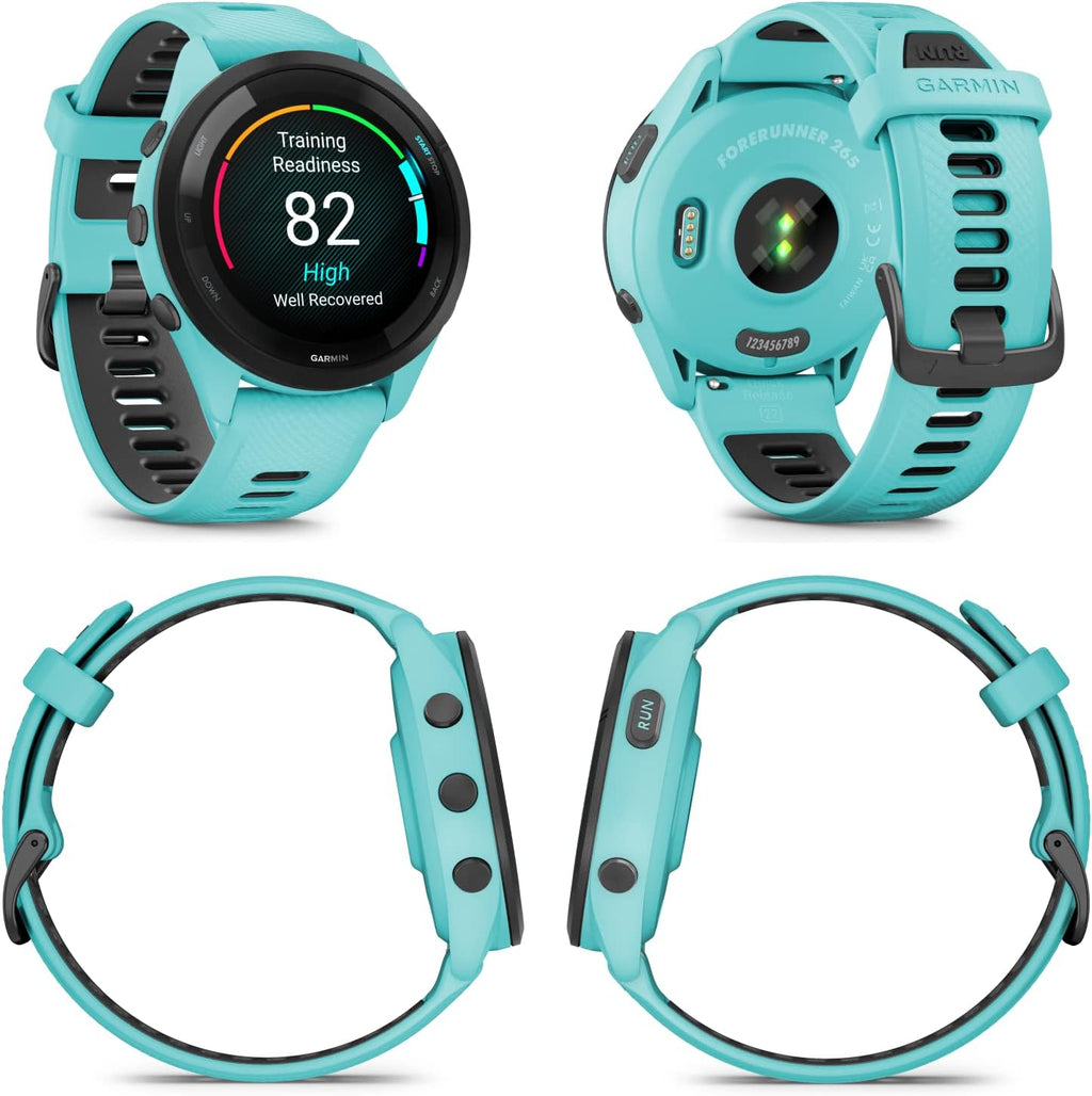 Garmin Forerunner 265 Music GPS Running 46 mm Smartwatch, Aqua with AMOLED 1.3 in Touchscreen Display Black Earbuds Bundle, Aqua +Blk EarBuds