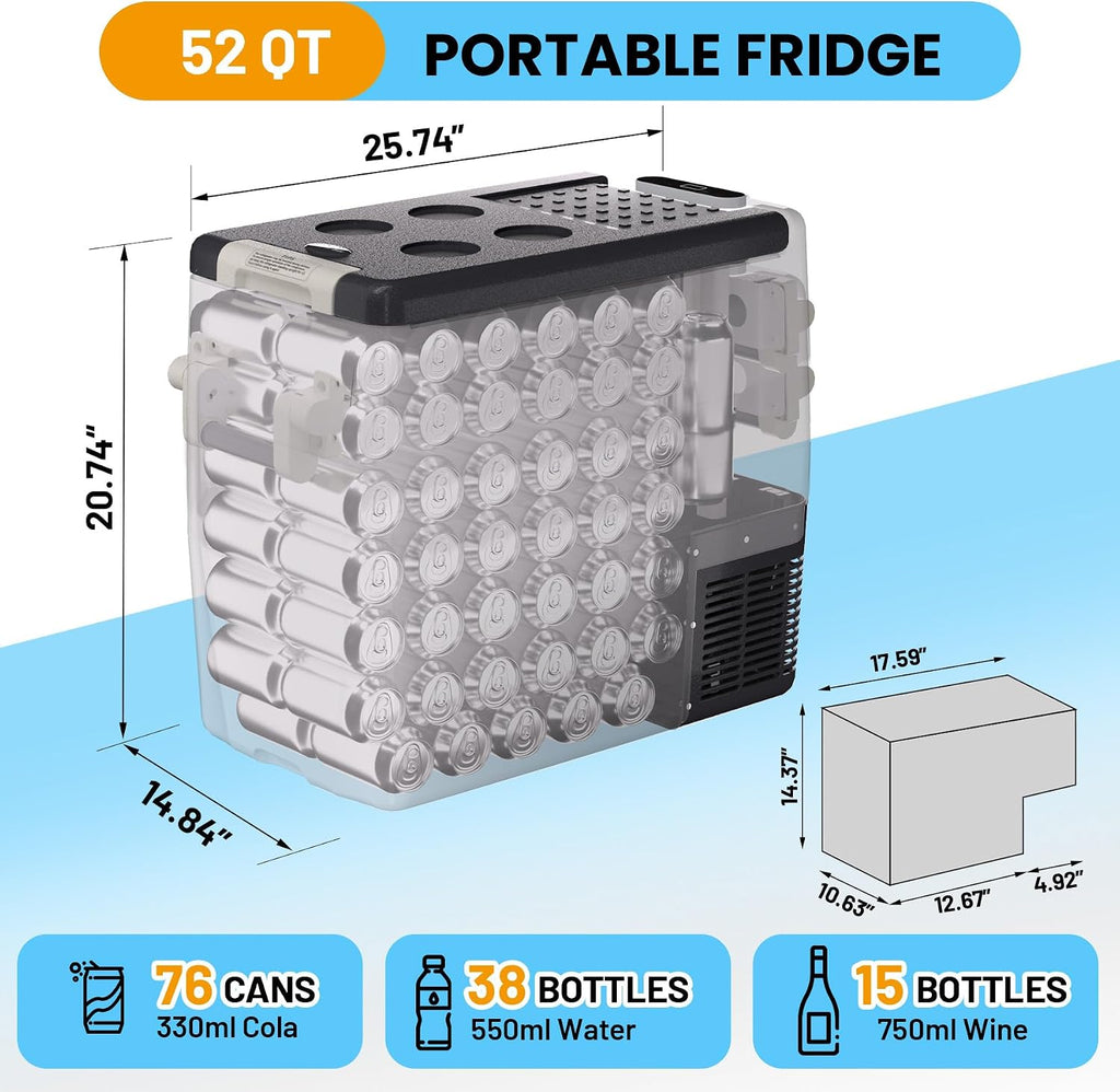 TROPOW 12 Volt Refrigerator, 53QT(50L) Electric Cooler, Portable 12V/24V DC 110-240V AC, 12V Fridge 0℉~50℉, 12V Car Refrigerator with Basket for Travel, Truck, Boat, Camping