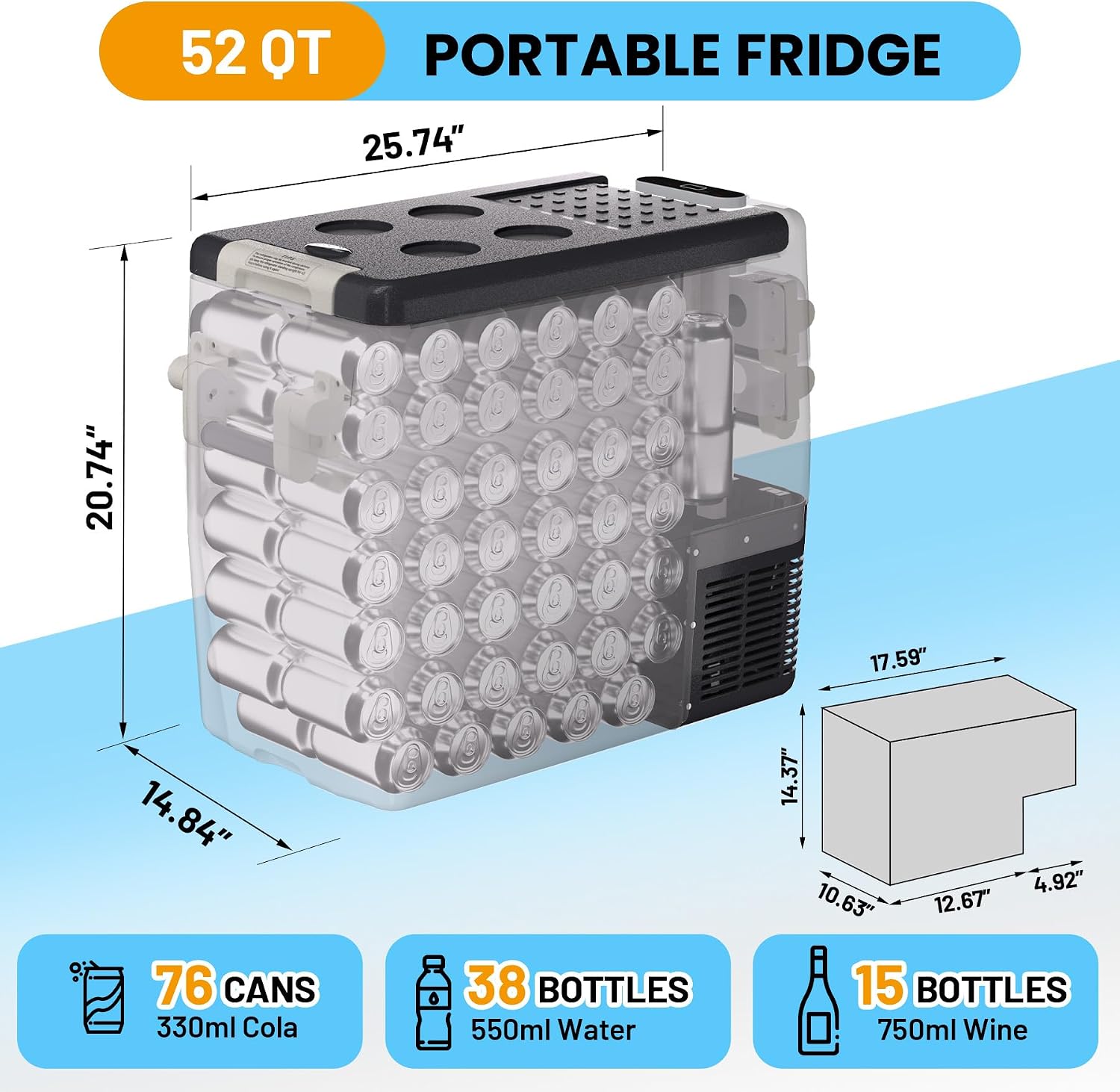 TROPOW 12 Volt Refrigerator, 53QT(50L) Electric Cooler, Portable 12V/24V DC 110-240V AC, 12V Fridge 0℉~50℉, 12V Car Refrigerator with Basket for Travel, Truck, Boat, Camping