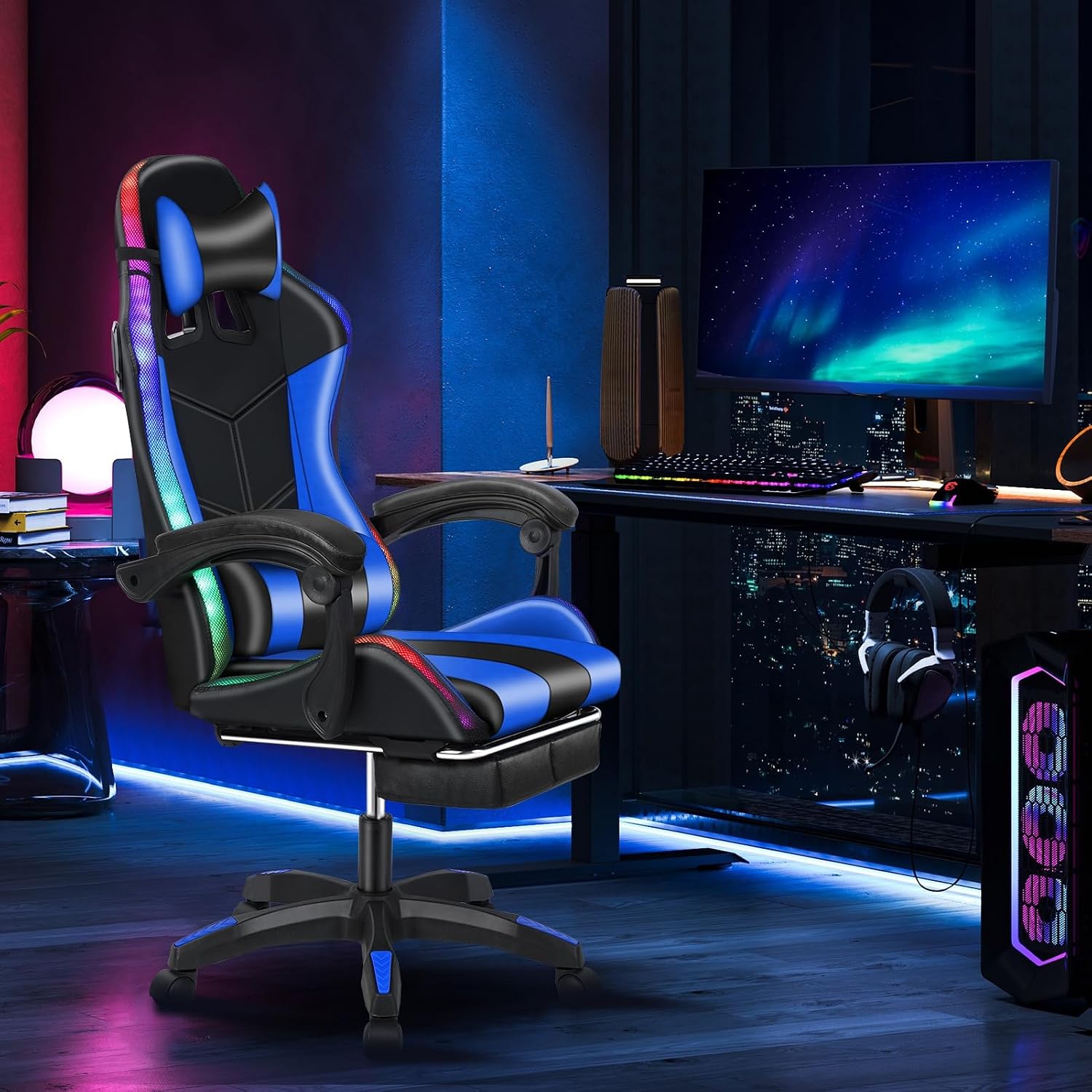 Gaming Chair, Office Chair with Foot Rest, Pocket Spring Cushion, Speakers Ergonomic Chair Massage Chair Multiple Led Light Gaming Chairs for Adults 350lbs Black Blue