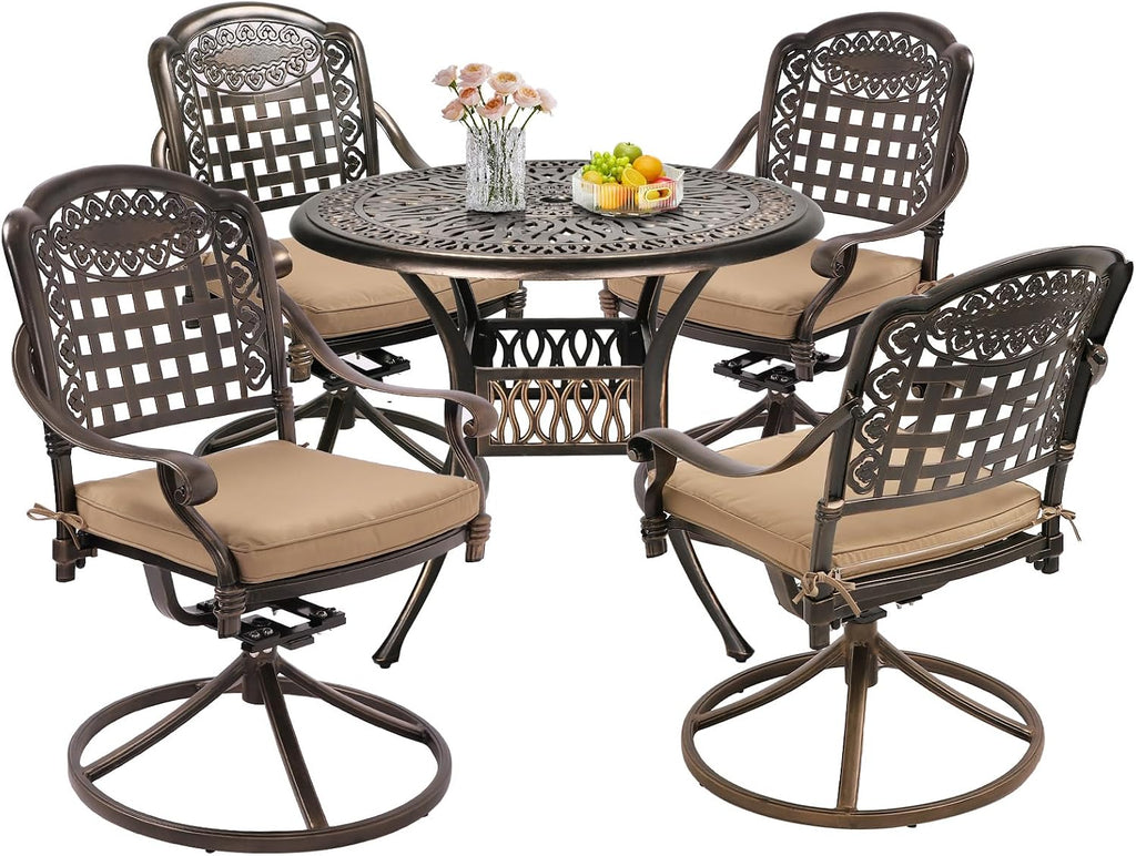 Grepatio 5 Piece Outdoor Dining Set Cast Aluminum Patio Table and Chairs Outside Furniture 4 Mesh Swivel Chairs with Khaki Cushion and 1 Umbrella Hole Round Dining Table for Lawn Garden (Grid Khaki)