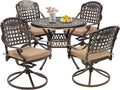 Grepatio 5 Piece Outdoor Dining Set Cast Aluminum Patio Table and Chairs Outside Furniture 4 Mesh Swivel Chairs with Khaki Cushion and 1 Umbrella Hole Round Dining Table for Lawn Garden (Grid Khaki)