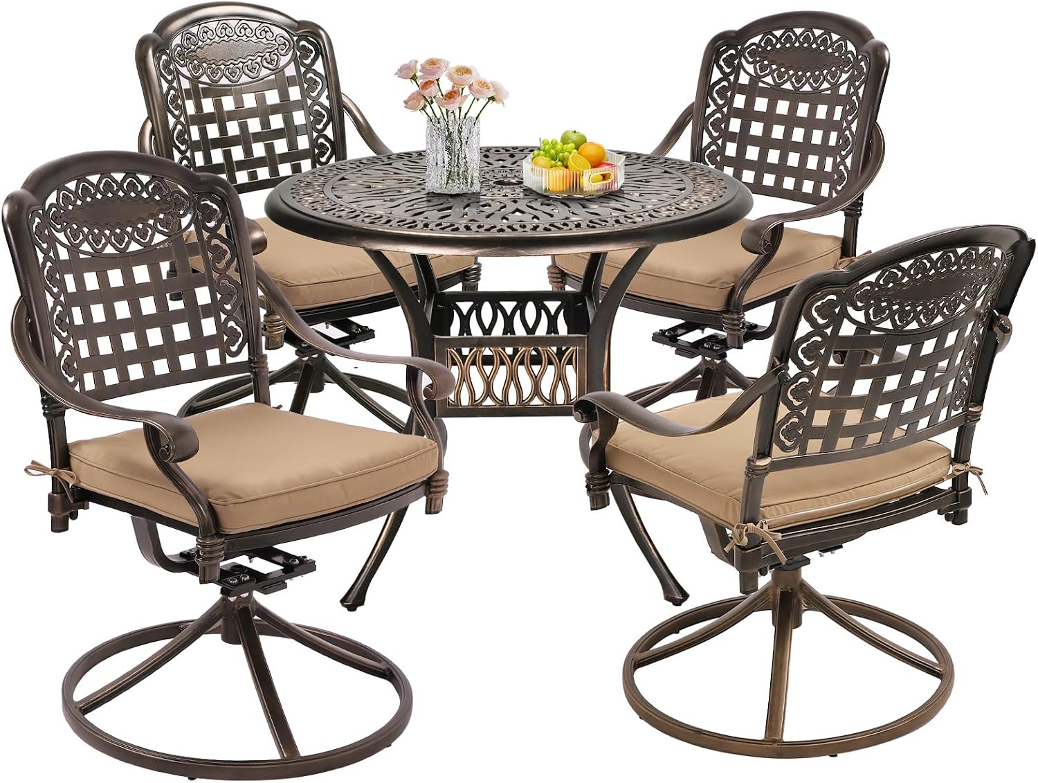 Grepatio 5 Piece Outdoor Dining Set Cast Aluminum Patio Table and Chairs Outside Furniture 4 Mesh Swivel Chairs with Khaki Cushion and 1 Umbrella Hole Round Dining Table for Lawn Garden (Grid Khaki)
