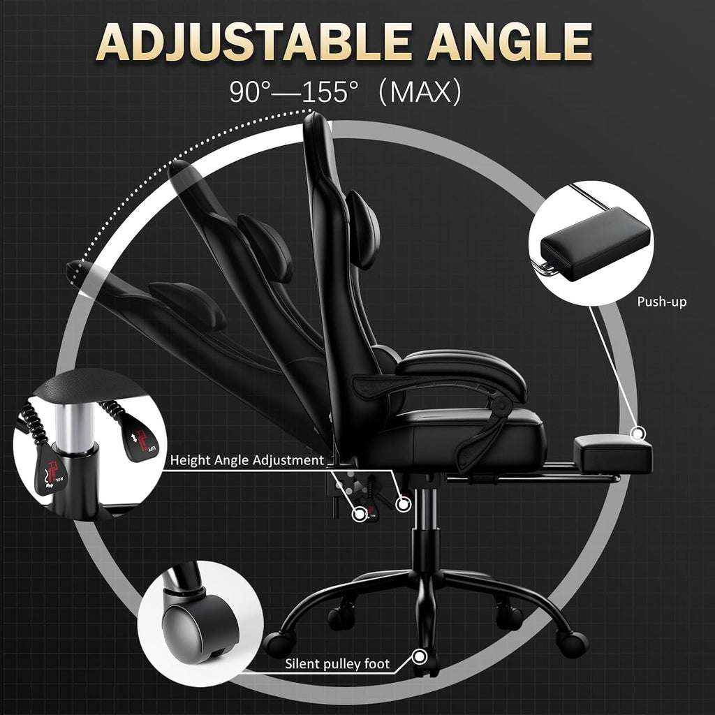 Ergonomic Gaming Chair, Video Game Chair with Pocket Spring Cushion and Footrest, Height Adjustable Computer Chair with Swivel Seat and Headrest (Black)
