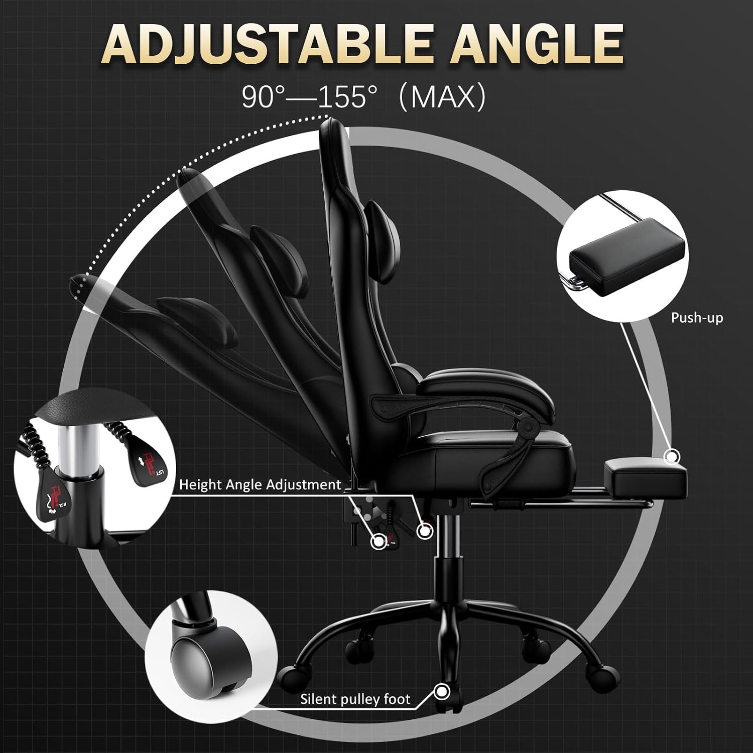 Ergonomic Gaming Chair, Video Game Chair with Pocket Spring Cushion and Footrest, Height Adjustable Computer Chair with Swivel Seat and Headrest (Black)