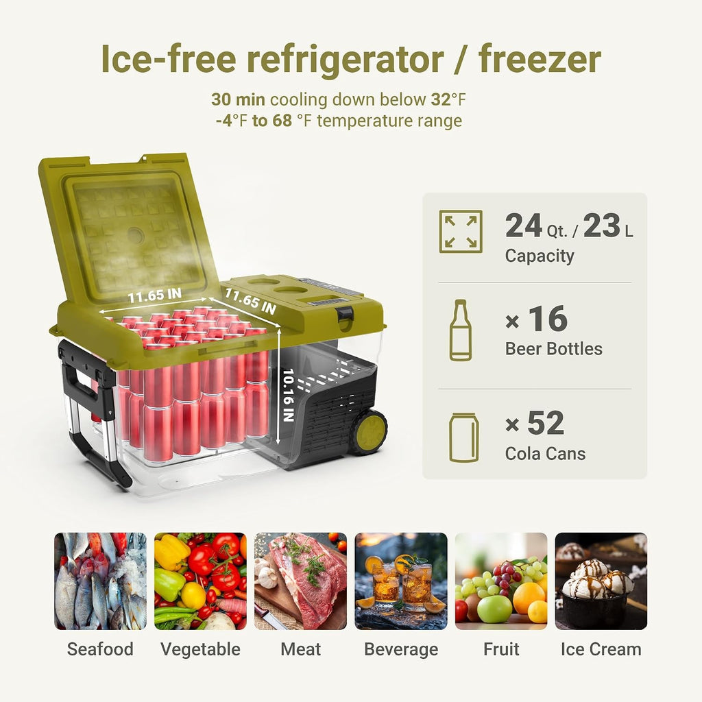 EXIT 20V Outdoor mini refrigerator EX100, battery powered electric cooler -4°F to 68°F, 12/24V DC 100~240 Volt AC for Outside Camping, Tailgating, Includes two Replaceable 4.0 Ah Batteries