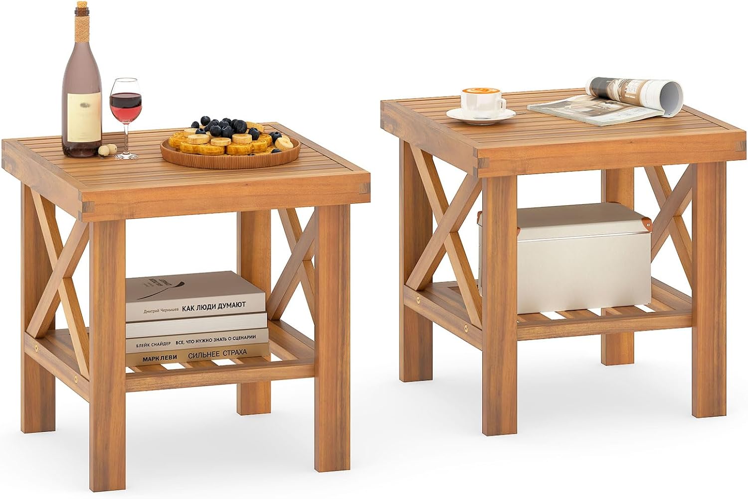 Tangkula Outdoor Side Table, 2-Tier Acacia Wood Adirondack Bistro Small Square Patio Table with Slatted Tabletop & Storage Shelf, for Yard, Deck, Garden, Poolside (2)
