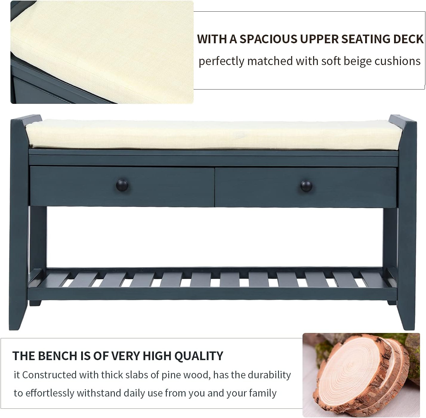 Harper & Bright Designs TREXM Shoe Rack with Cushioned Seat and Drawers, Multipurpose Entryway Storage Bench (Antique Navy)