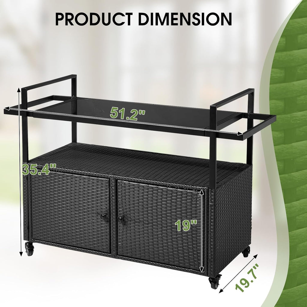 Outvita Patio Bar Table, Weatherproof Buffet Cabinet Wicker Outdoor Storage Cart with 2 Doors & Shelves Glass Tabletop for Tableware Wine Bottle and Glass, Towels, and Potting Supplies